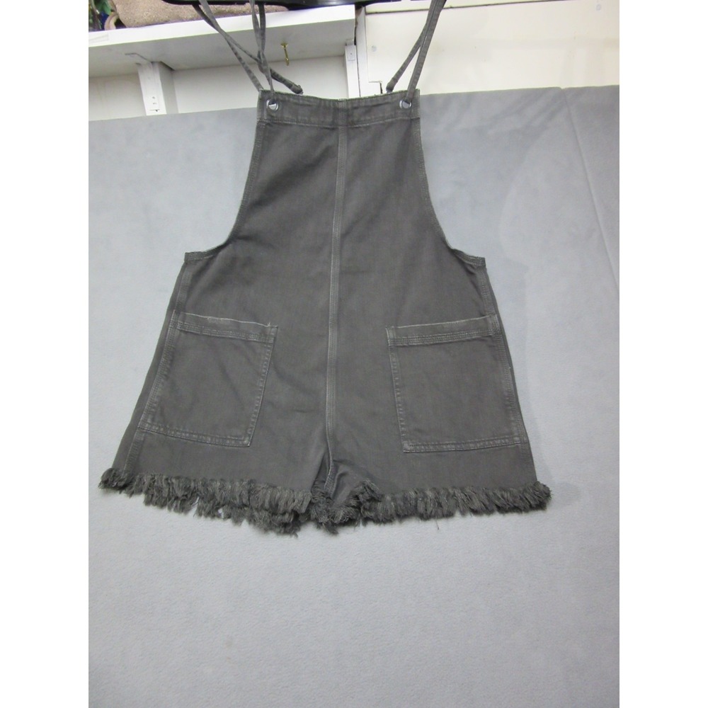 Aerie Overalls Womens Medium Black Denim Double Strap Shortall Easy Fit Raw Hem